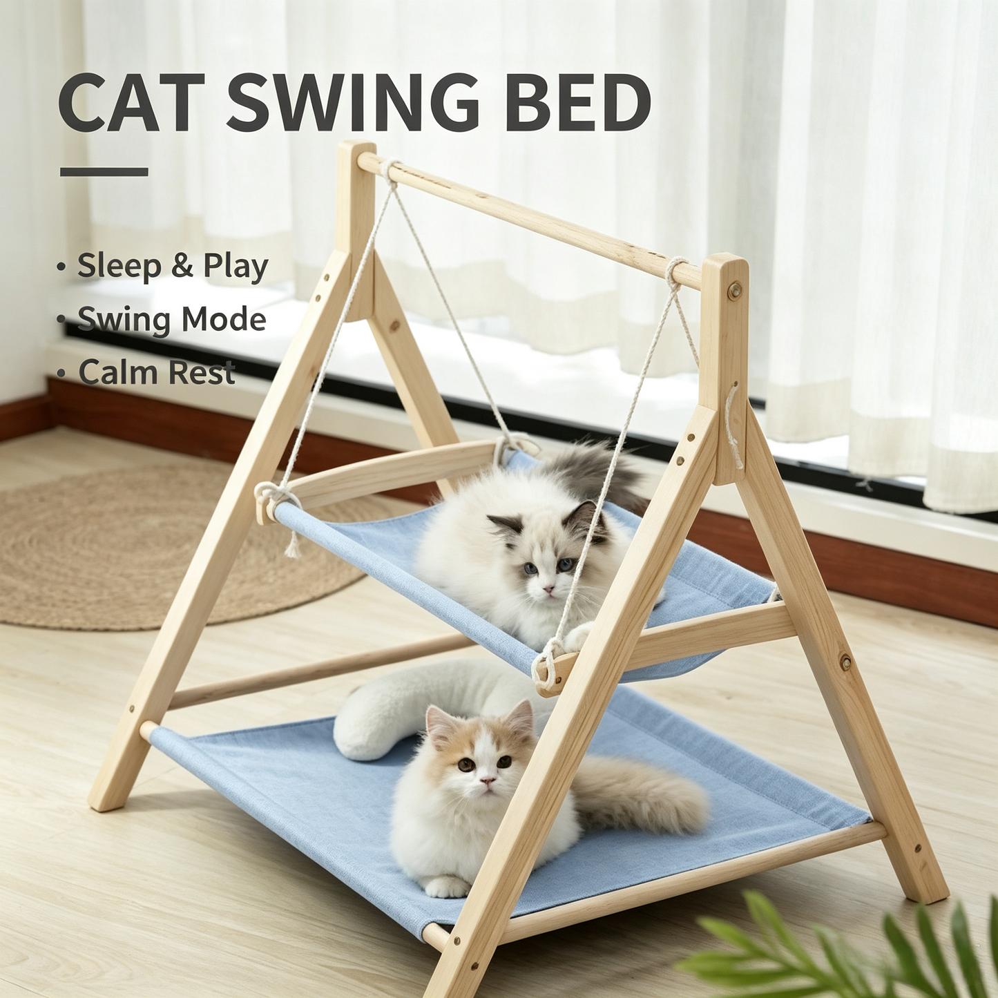 Double‑Tier Wooden Cat Swing Hammock Bed