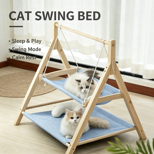 Double‑Tier Wooden Cat Swing Hammock Bed