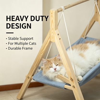 Double‑Tier Wooden Cat Swing Hammock Bed