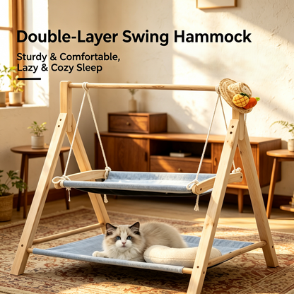Double‑Layer Wooden Cat Swing Hammock Bed