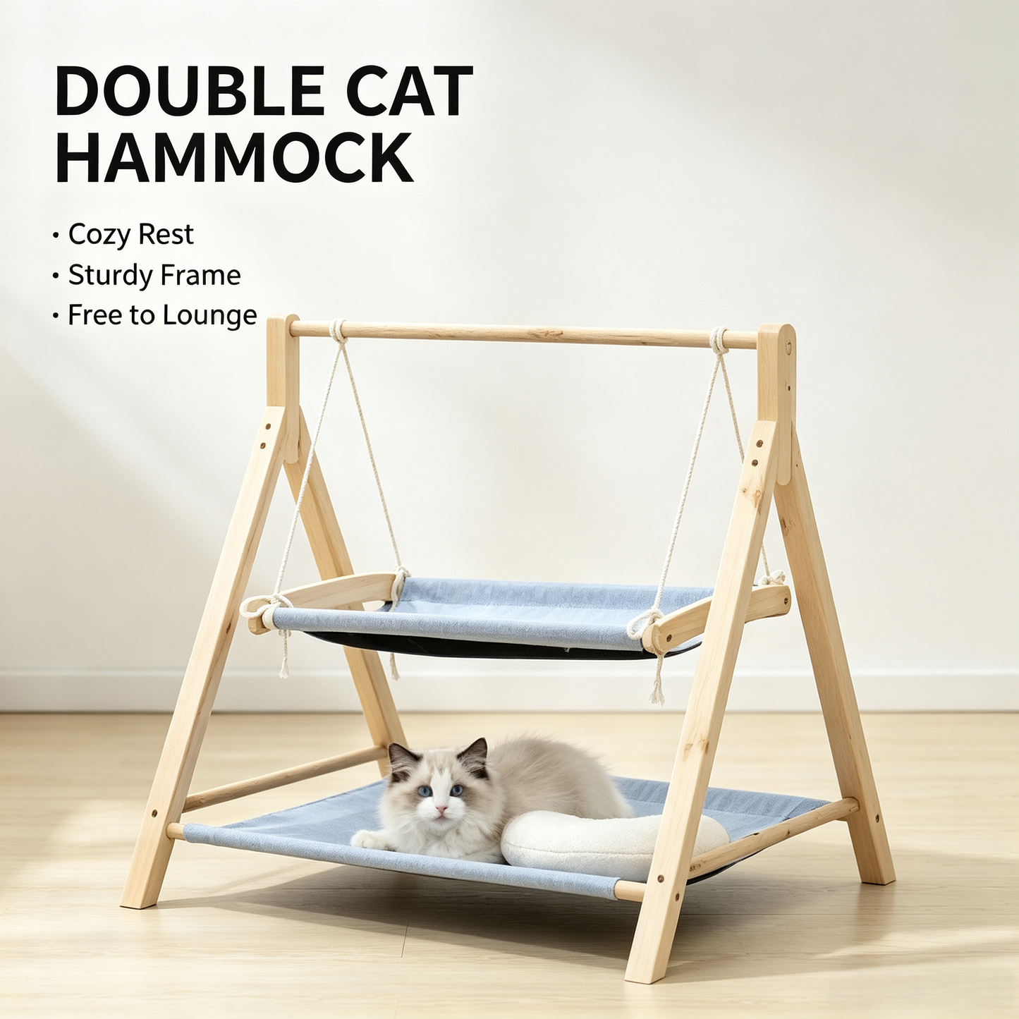 Double‑Tier Wooden Cat Swing Hammock Bed
