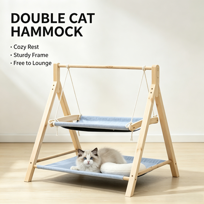 Double‑Tier Wooden Cat Swing Hammock Bed